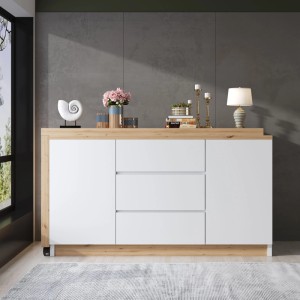 okwish Schreibtisch/Sideboard, weiß/natur, mit 2 Türen, 3 Schubladen & Rollen. Flexibler Wohnzimmertisch mit Stauraum.