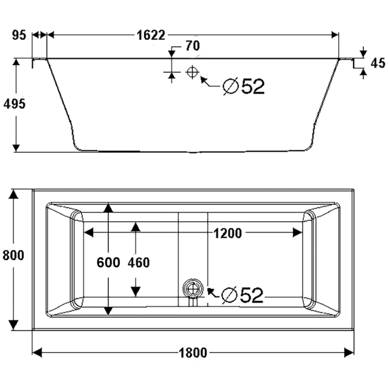 Skizze des Ottofond Whirlpool Cubic Komfort 180x80 cm mit Maßangaben.