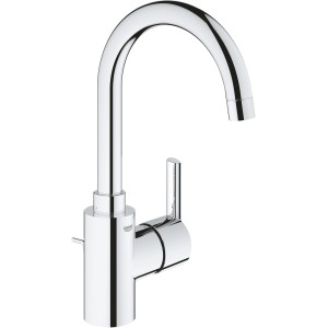 Chromfarbene Grohe QuickFix Waschtischarmatur Feel L-Size mit hohem Auslauf.