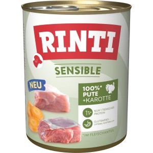 Rinti Sensible Hunde-Nassfutter mit Pute und Karotte, getreidefrei für sensible Hunde.