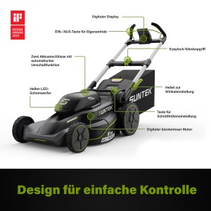 Suntek Akku-Rasenmäher, 40V, selbstfahrend, mit 2 Akkus und Ladegerät. Schwarz/grünes Design.