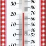Analoges Innen-Außen-Thermometer von TFA, rot, mit Alpenmotiven und Skala in Celsius und Fahrenheit.