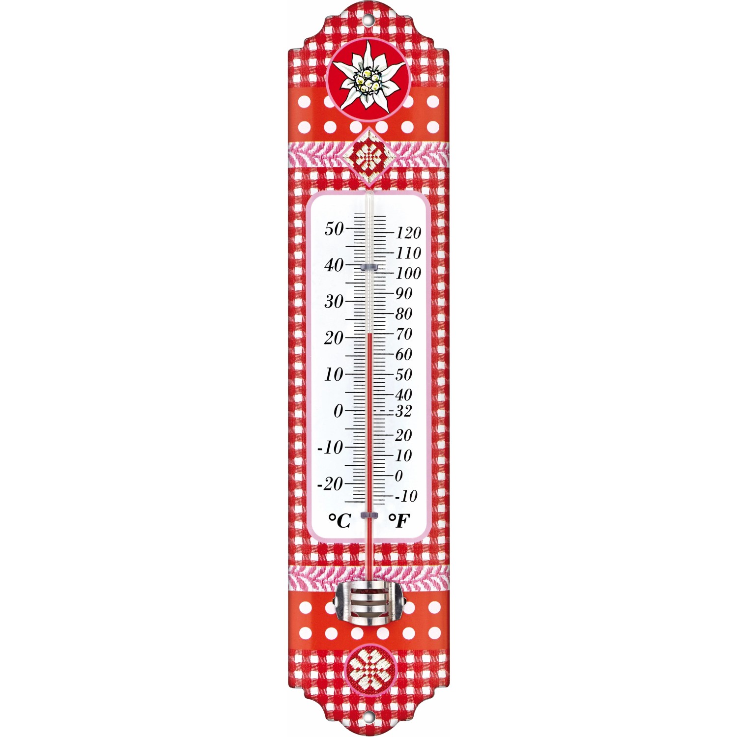 Analoges Innen-Außen-Thermometer von TFA, rot, mit Alpenmotiven und Skala in Celsius und Fahrenheit.