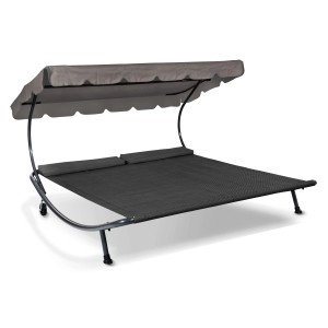 Anthrazitfarbene Leco Doppelliege mit Sonnendach und Kopfkissen. Ideal für Garten und Terrasse.
