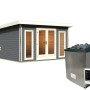 Karibu Saunahaus Magnus 3 Set A terragrau mit Ofen und externer Steuerung.