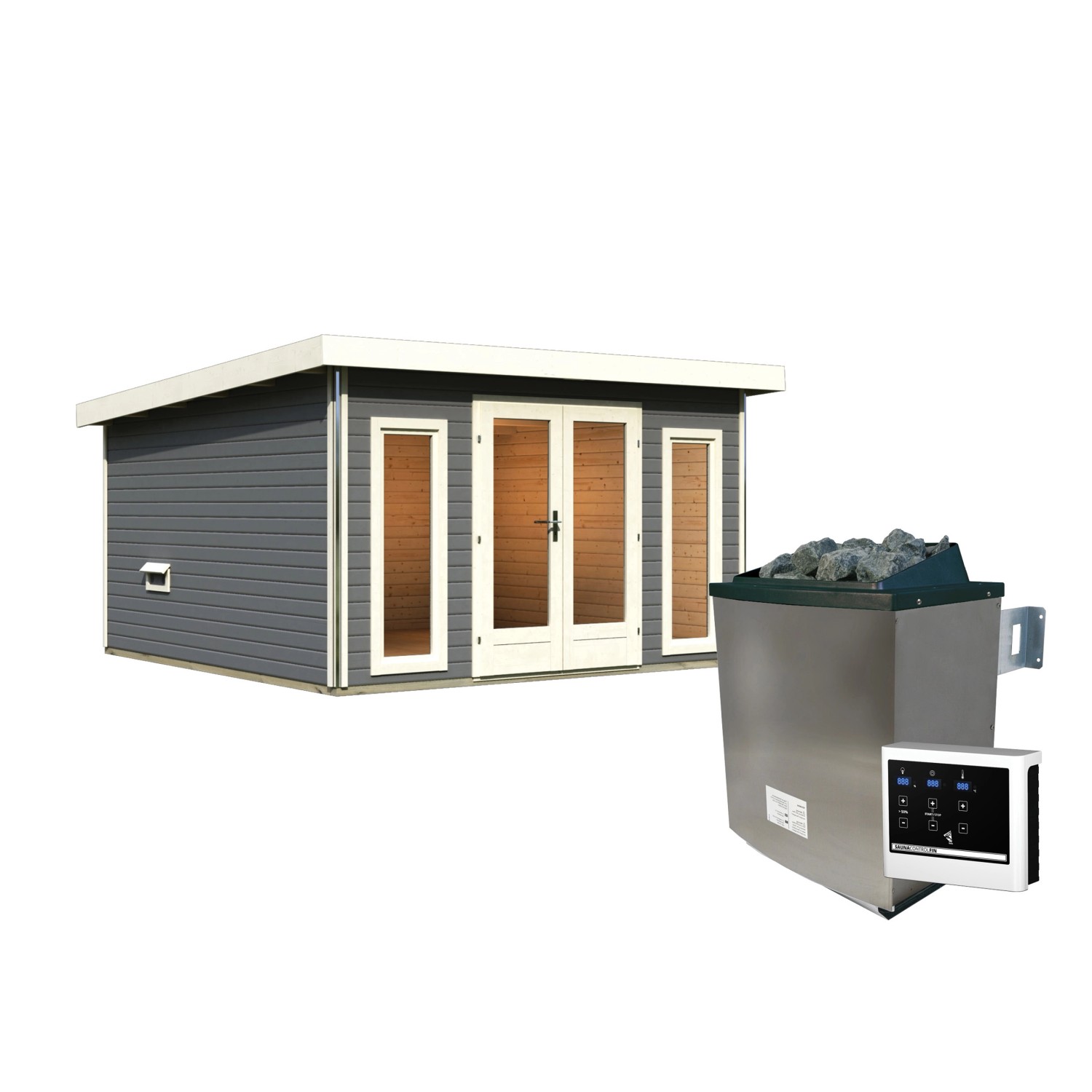 Karibu Saunahaus Magnus 3 Set A terragrau mit Ofen und externer Steuerung.