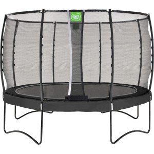 Schwarzes EXIT Allure Premium Trampolin Ø 366 cm mit Sicherheitsnetz.