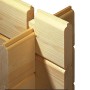 Detailansicht der Blockbohlenbauweise des Weka Holz-Gartenhauses mit Satteldach.