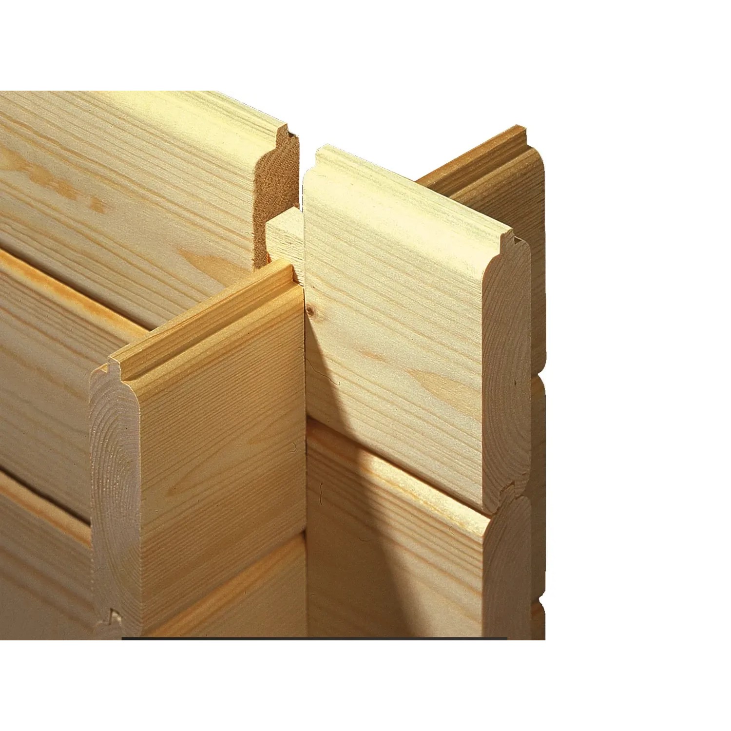 Detailansicht der Blockbohlenbauweise des Weka Holz-Gartenhauses mit Satteldach.