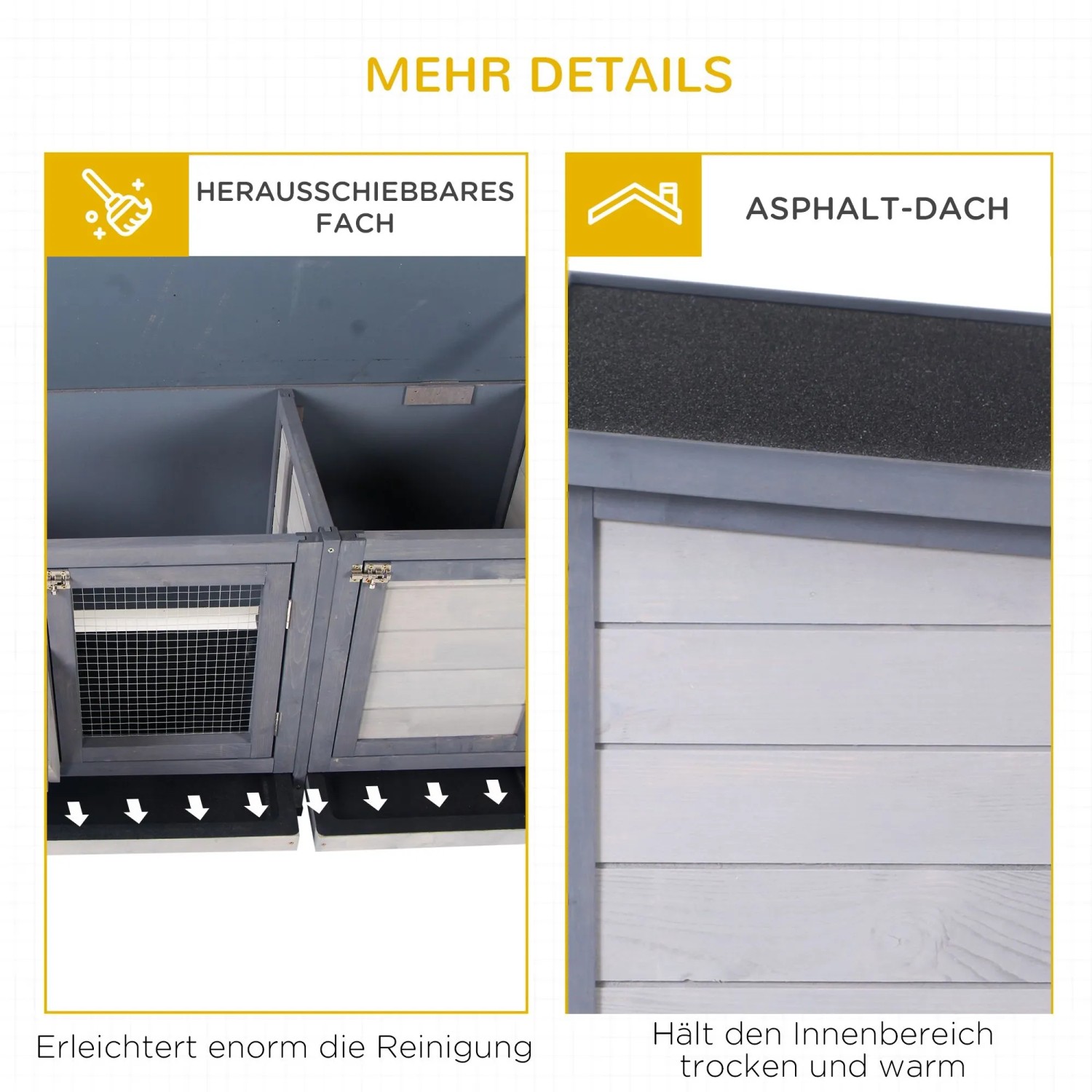 Grauer PawHut Hasenstall/Freilaufgehege aus Tannenholz. Herausziehbares Fach, wetterfestes Asphalt-Dach.