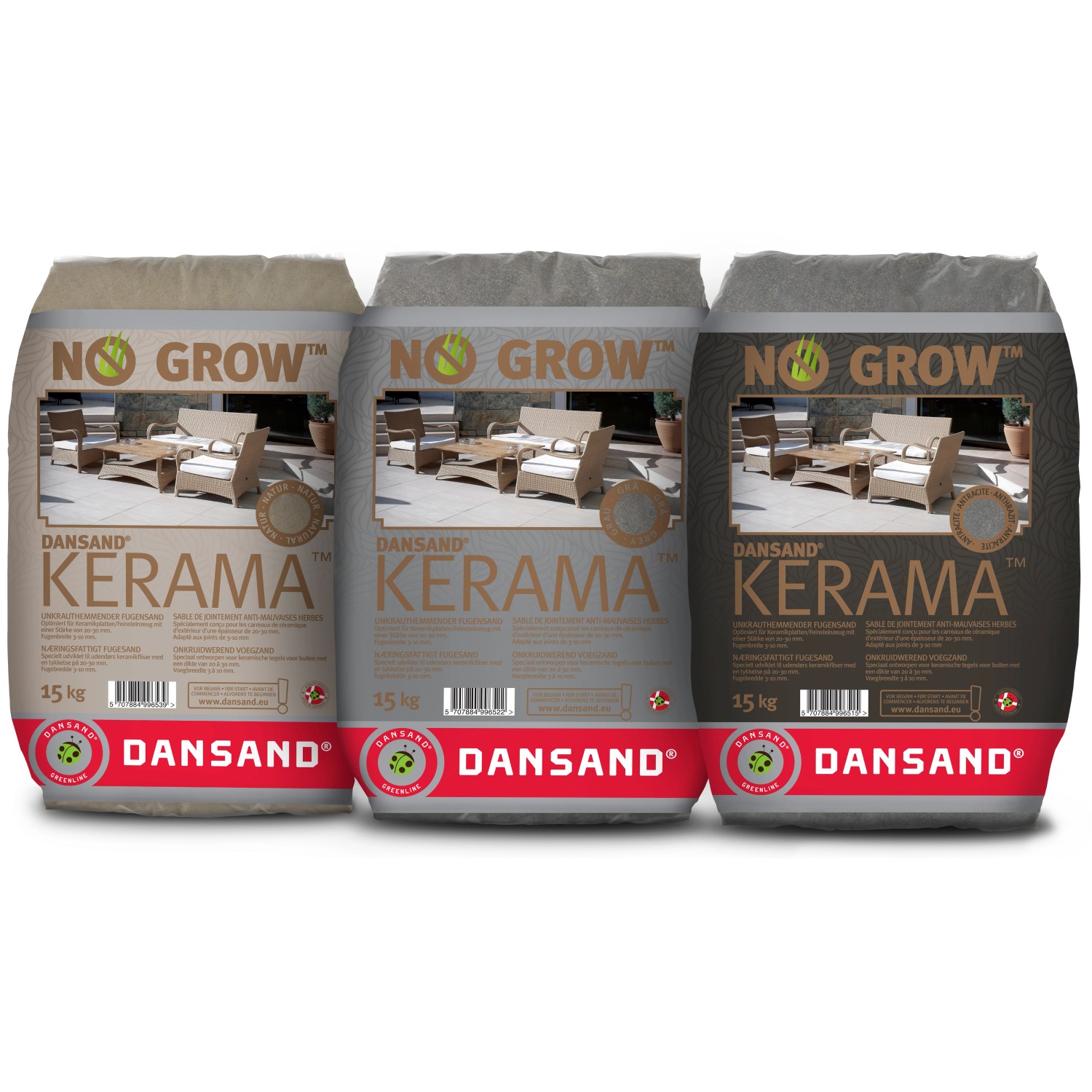 Drei Säcke Dansand Kerama Fugensand in Natur, Grau und Anthrazit, 15 kg, unkrauthemmend.