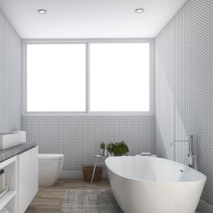 Badezimmer mit weißer Vliestapete Hexagon Lattice von Contour an den Wänden.