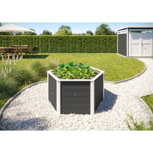 Anthrazitfarbenes Weka 6-Eck Elementhochbeet aus Holz, 143x120x68,5 cm, mit Bepflanzung im Garten.