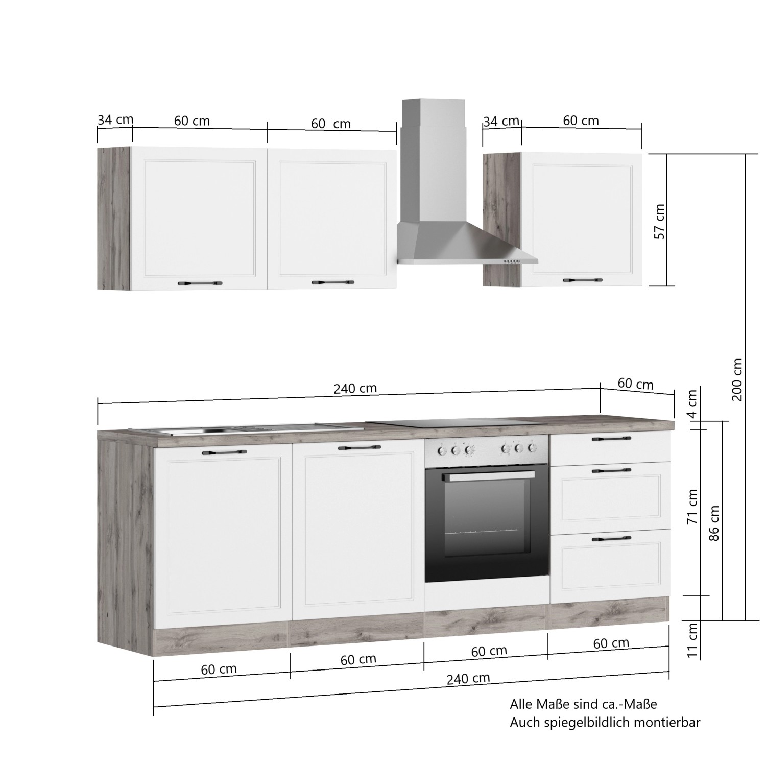 Küchenzeile Kempten 240 cm in Wotan/Weiß mit E-Geräten: Herd, Spüle, Geschirrspüler und Dunstabzugshaube.