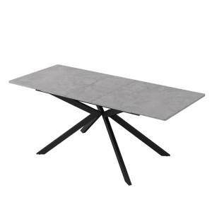 Grauer, ausziehbarer Esstisch mit rechteckiger Platte in Betonoptik und modernem schwarzem Metall-Kreuzgestell.