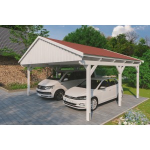 Weißer Doppelcarport Skan Holz Fichtelberg mit rotem Schindeldach für zwei PKW.