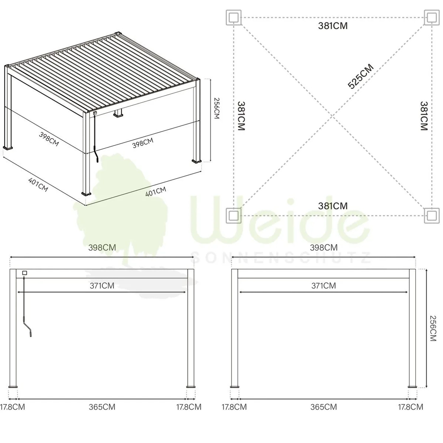 Technische Zeichnung Weide Deluxe Plus Pavillon 4x4m mit elektrischem Lamellendach, Aluminiumstruktur und Maßen für Terrassenüberdachung.
