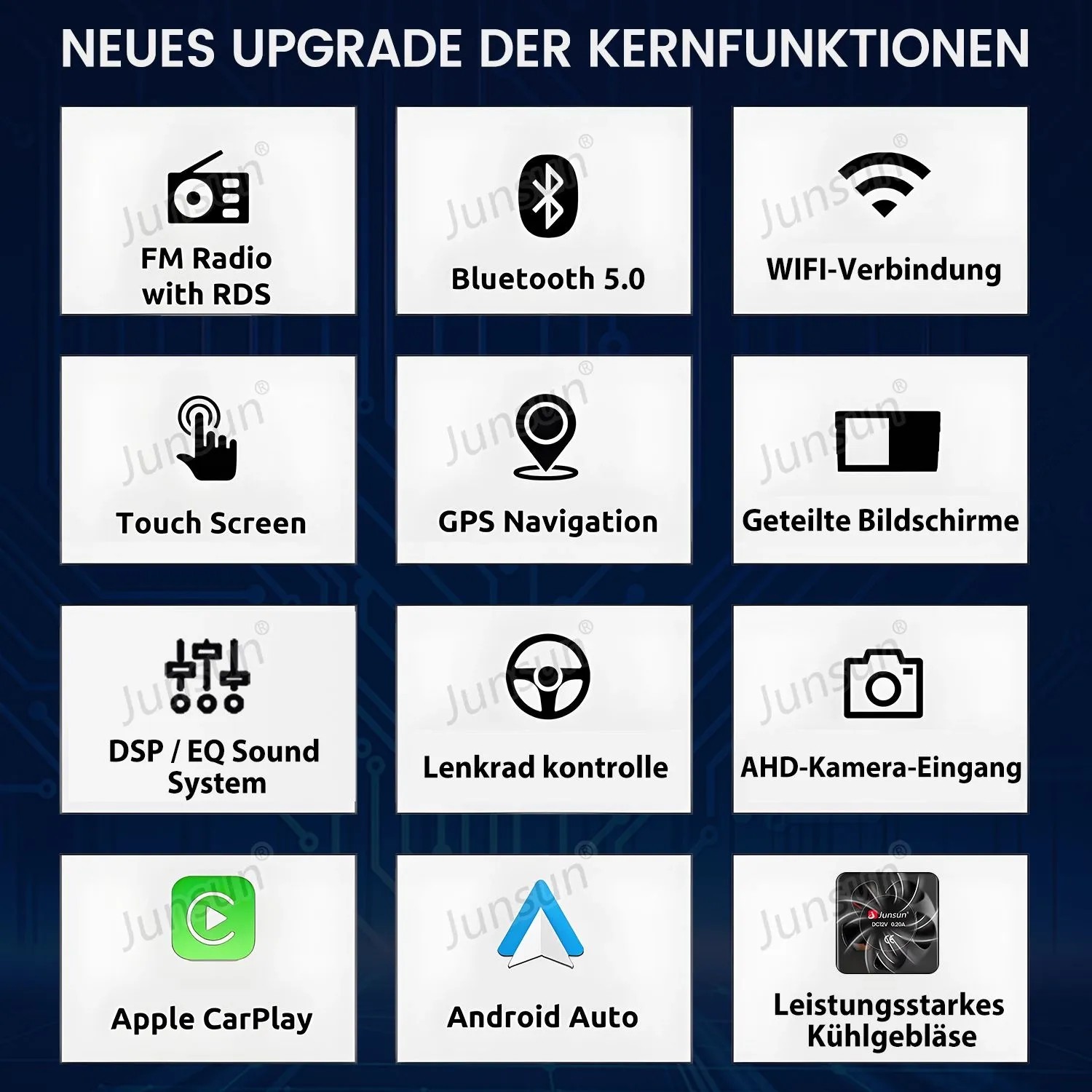 Übersicht der Junsun Autoradio Funktionen: CarPlay, Android Auto, Bluetooth, GPS, Touchscreen, FM Radio, Lenkradsteuerung.