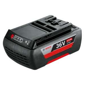 Bosch Li-Ion Ersatzakku 36V 2Ah für Rasenmäher Zubehör. Schwarzer Akku mit rotem Akzent, Ladeanzeige und Logo.