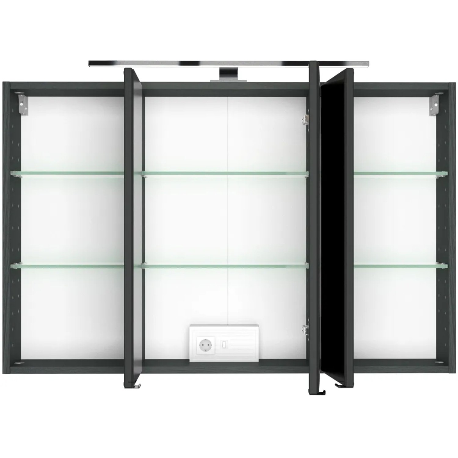 Held Möbel Bari Spiegelschrank, 100 cm, Wotaneiche/Graphitgrau, mit LED-Beleuchtung und Steckdose.