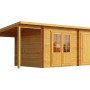 Imprägniertes Alpholz Gartenhaus Maria-28 mit Schleppdach, naturbelassen, mit Doppeltür und Einzeltür.