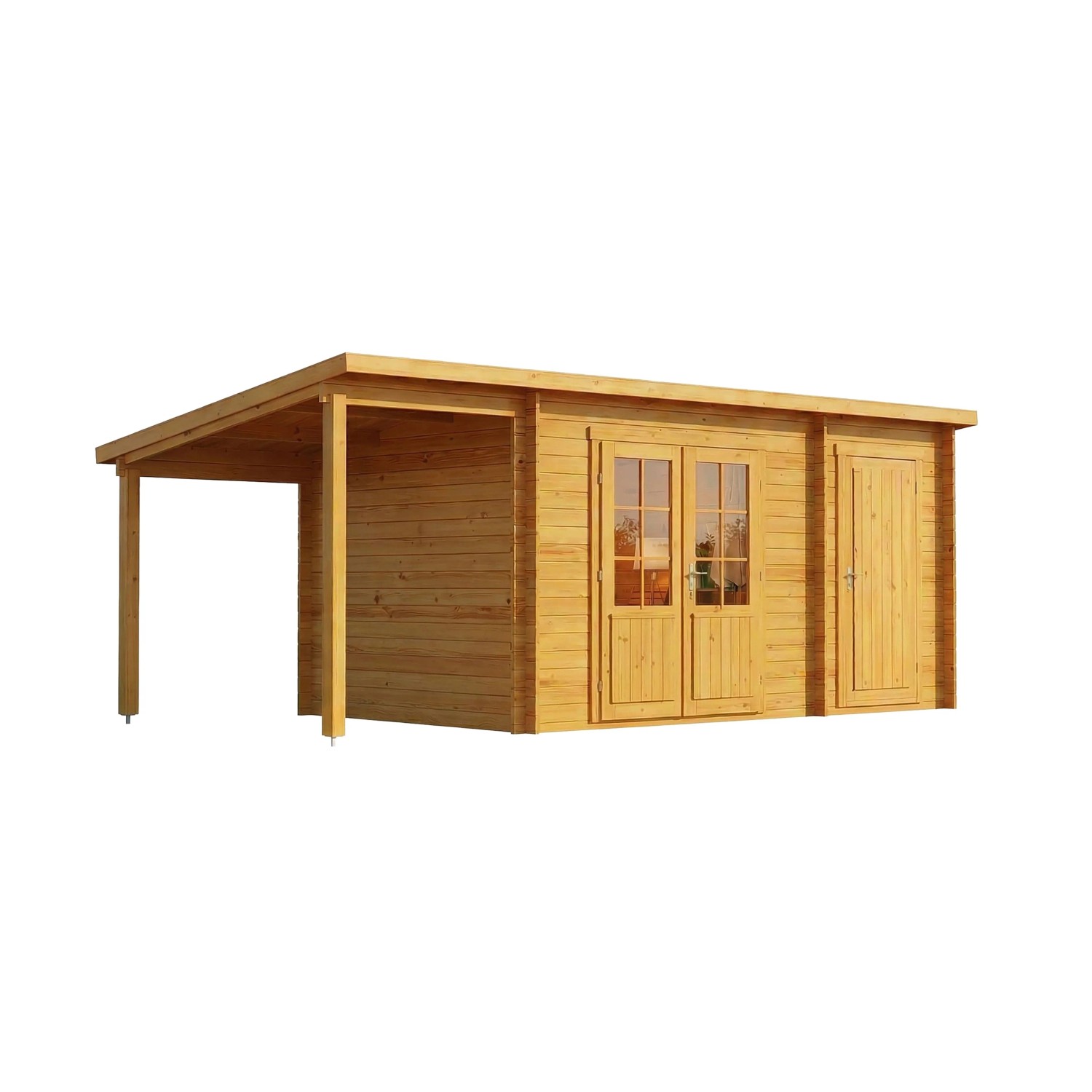 Imprägniertes Alpholz Gartenhaus Maria-28 mit Schleppdach, naturbelassen, mit Doppeltür und Einzeltür.