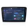 Schwarzes 10 Zoll Autoradio mit Touchscreen. Das Display zeigt Navigations- und Multimediafunktionen. Für Skoda.