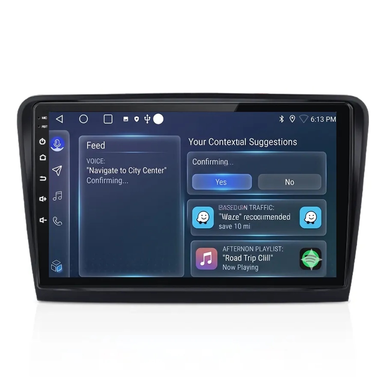Schwarzes 10 Zoll Autoradio mit Touchscreen. Das Display zeigt Navigations- und Multimediafunktionen. Für Skoda.