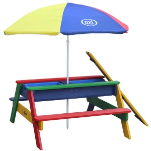 Bunter Axi Nick Sand- & Wasser-Picknicktisch Regenbogen mit Sonnenschirm für Kinder.