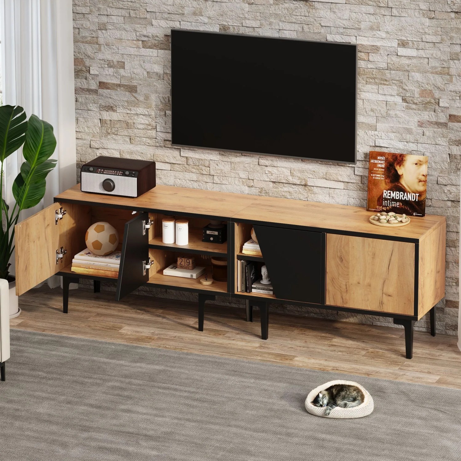 okwish TV Schrank mit Stauraum Fächern Wohnzimmer 160x36.5x45cm Braun_2