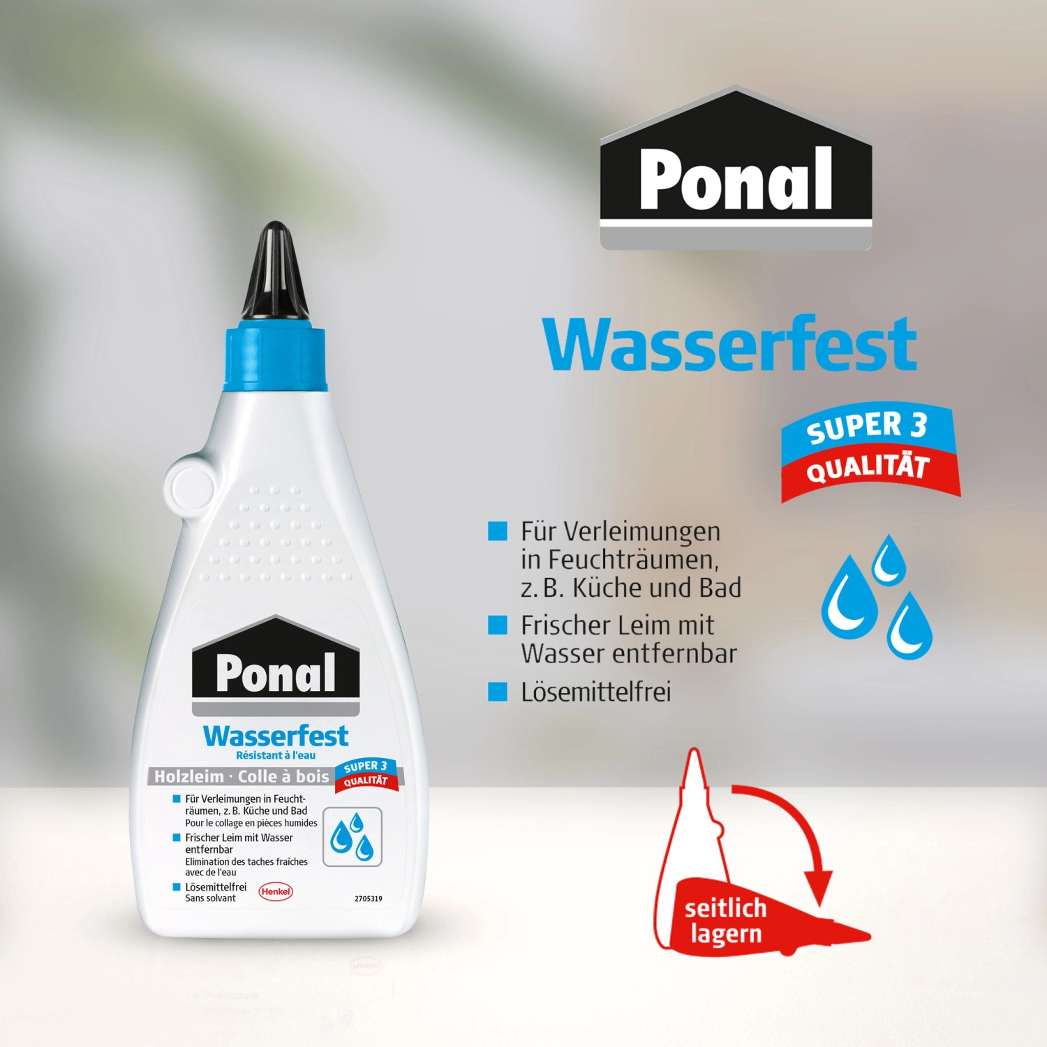 Ponal Holzleim Wasserfest, 550g Flasche. Transparent trocknender Kleber für feuchte Räume.