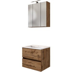2-tlg. Badmöbel-Set Verona in Wotaneiche mit Waschtischunterschrank, Mineralgussbecken und Spiegelschrank.
