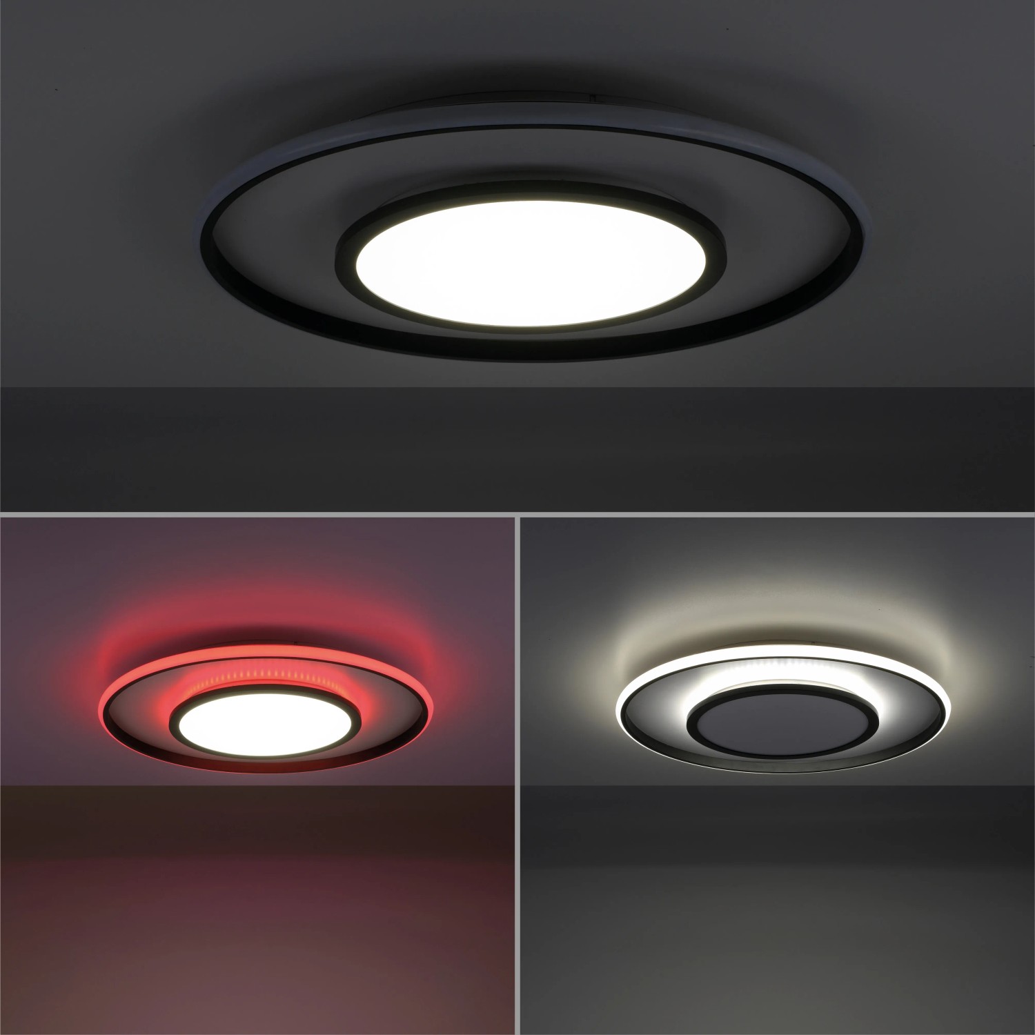 Moderne, dimmbare LED-Deckenleuchte Arenda, schwarz, Ø 60 cm, mit Farbwechsel und Fernbedienung.