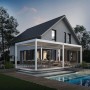 Weißer Alu Pavillon mit elektrischem Lamellendach und LED-Beleuchtung. Überdachte Terrasse am Haus mit Möbeln und Pool.
