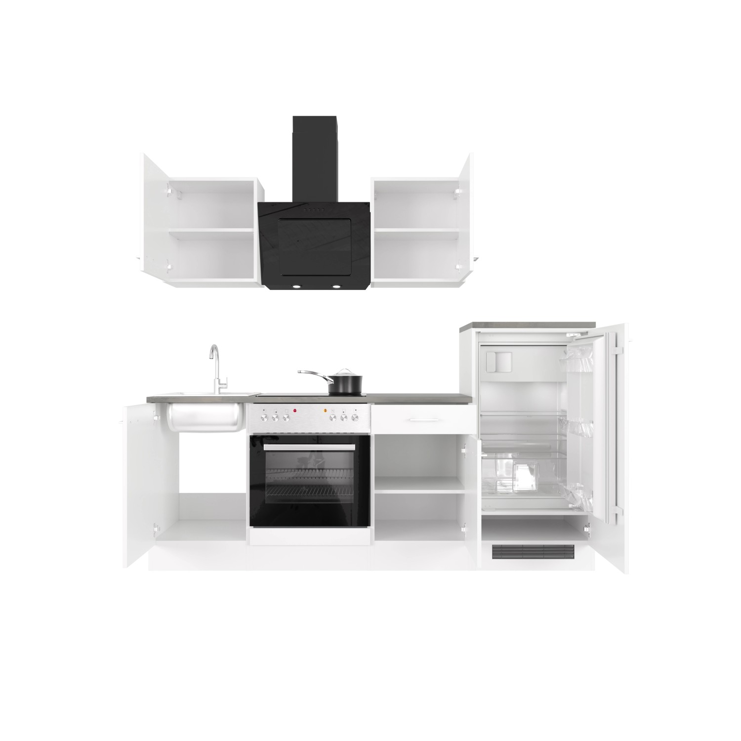 Flex-Well Küchenzeile Lucca 220 cm, weiß matt mit Dunstabzugshaube und E-Geräten.