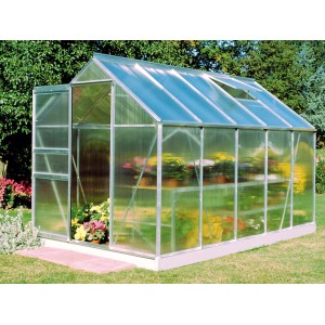 Halls Gewächshaus Popular 106 aus Alu, 6,2 m², mit Pflanzen im Inneren.