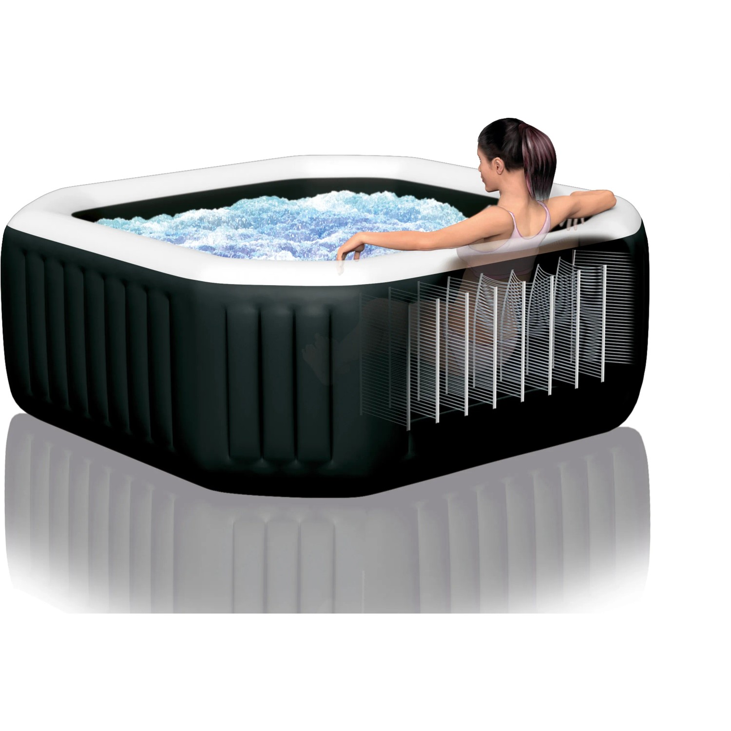 Intex PureSpa Octagon Whirlpool mit Salzwassersystem, Ø 201 cm, mit Frau im Wasser.