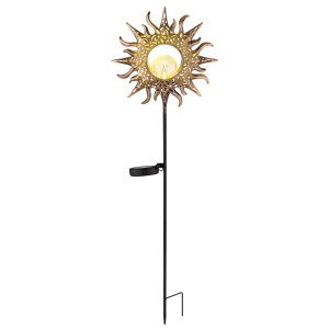 Globo LED Solarleuchte in Schwarz/Rost-Optik mit Sonne und Glaskugel für den Garten.
