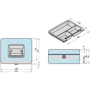 Technische Zeichnung einer blauen Basi Geldkassette GK 10M mit Maßen.