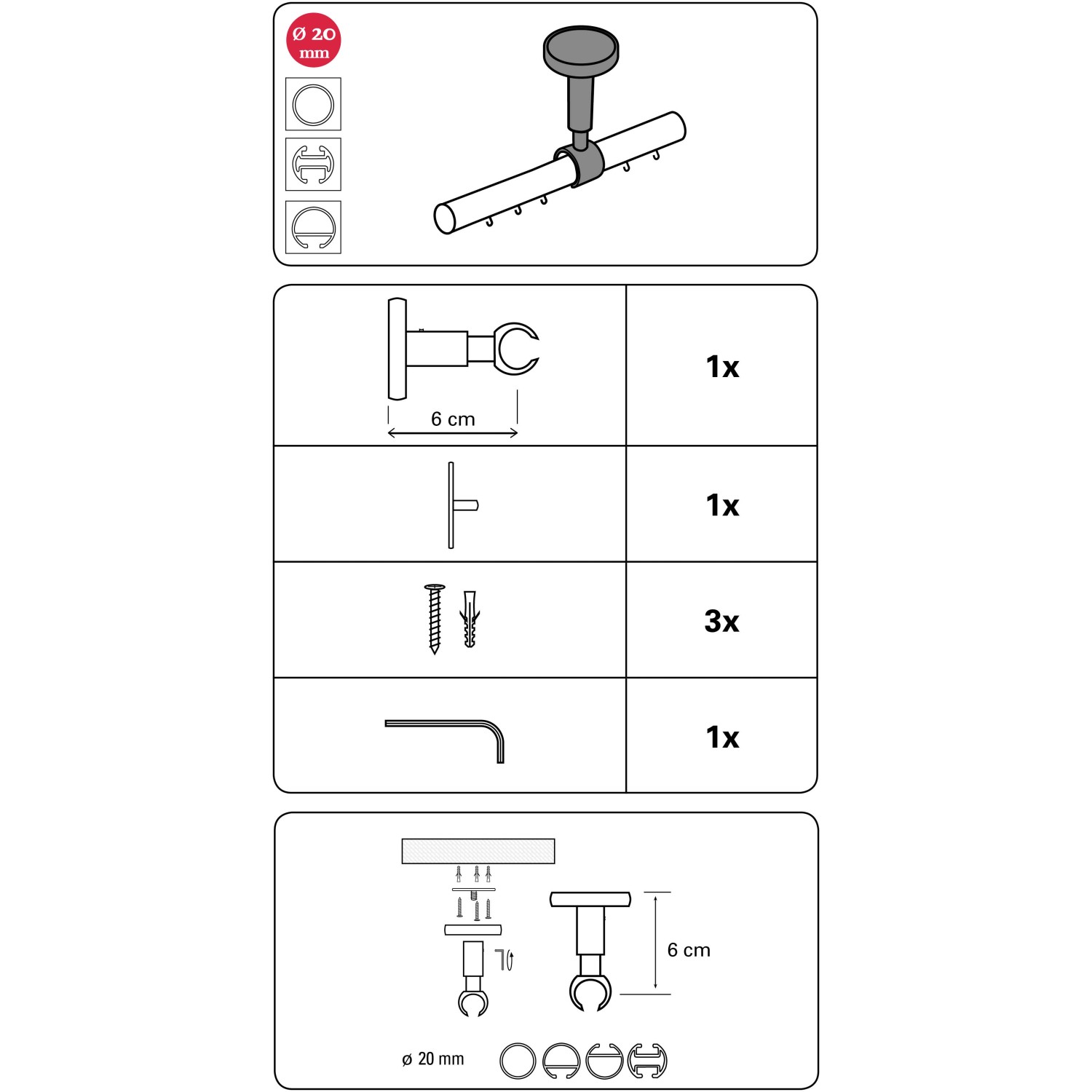 Gardinia Deckenträger Chicago Titan, Montageanleitung und Zubehör für 20 mm Stangen.