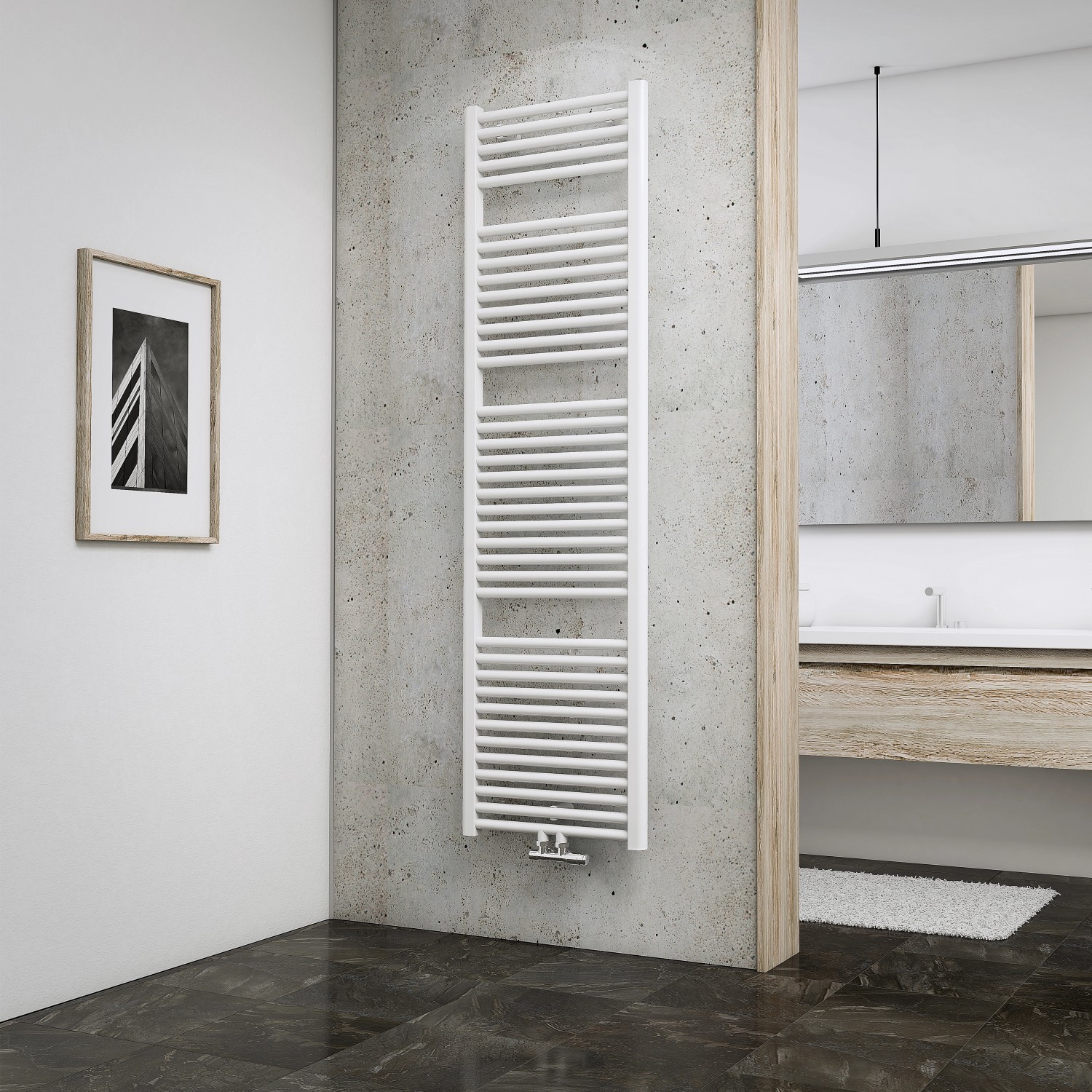 Weißer Schulte Design-Heizkörper München mit Mittelanschluss im modernen Bad.