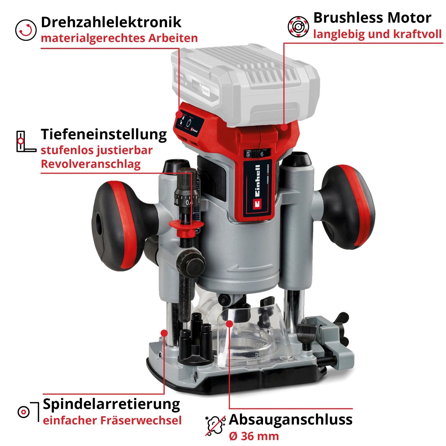 Einhell Akku-Oberfräse TP-RO 18 Li BL Solo: Akkubetriebene Fräse für präzise Holzbearbeitung.
