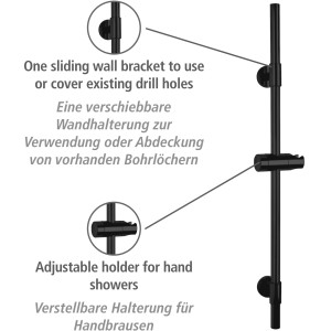 Schwarze Wenko Duschstange Basic aus Edelstahl mit verstellbarem Brausehalter und verschiebbarer Wandhalterung.