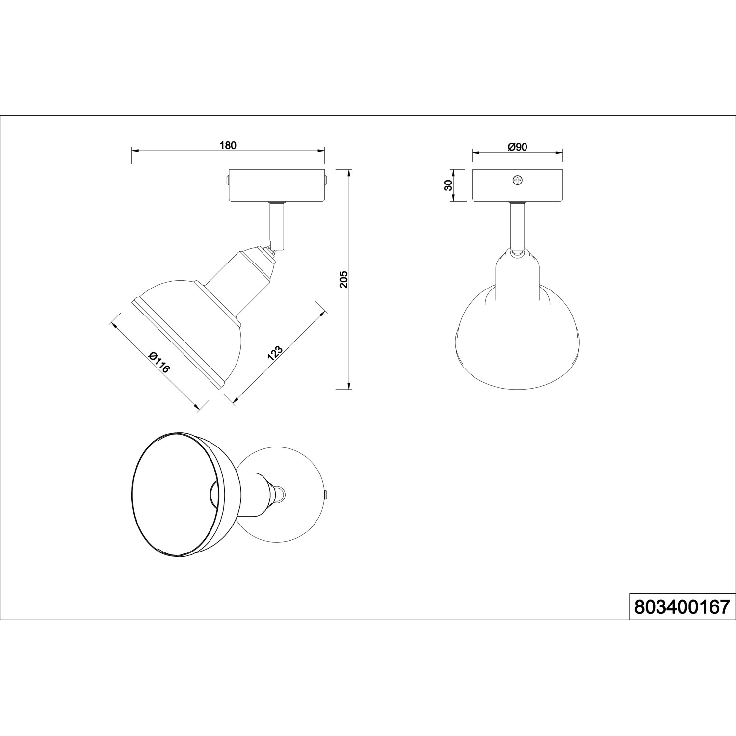 Technische Zeichnung: Trio Spot Delhi, 1-flammig, Nickel antik, E14. Wandspot Maße: Ø 11,5 x H 20,5 cm.