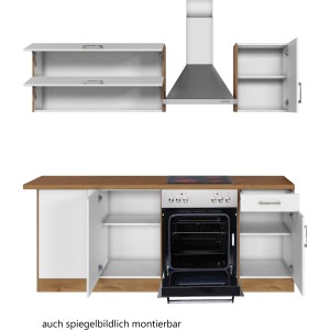 Küchenzeile Sorrento 210 cm in Weiß-Wotaneiche mit Hängeschränken, Herd und Dunstabzugshaube.