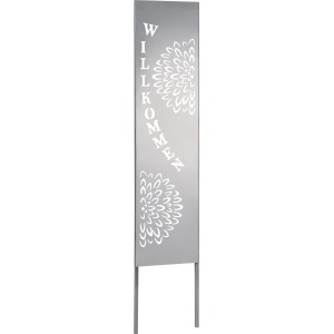 Dekoratives, silbernes Gartenschild "Willkommen" aus Metall mit floralen Mustern.
