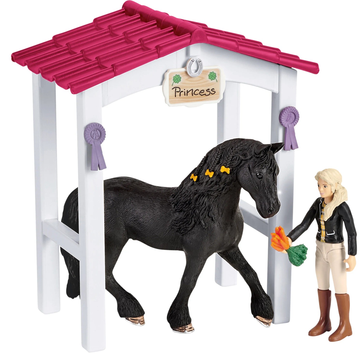 Schleich Horse Club Pferdebox mit Tori und Friesen Stute Princess. Detailreiches Spielzeug-Set.