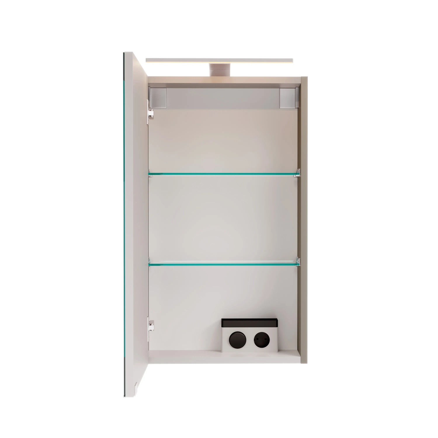 Offener Fackelmann LED-Spiegelschrank SBC in Cubanit Grau, 40 cm breit, mit Glasböden.