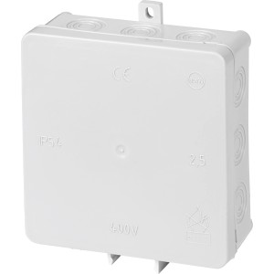 Aufputz Abzweigkasten, 100x100mm, grau, IP54, für Innen- und Außenbereich.