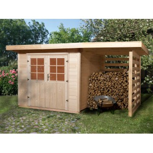 OBI Holz-Gartenhaus La Spezia mit Anbaudach und Doppeltür, naturbelassen.